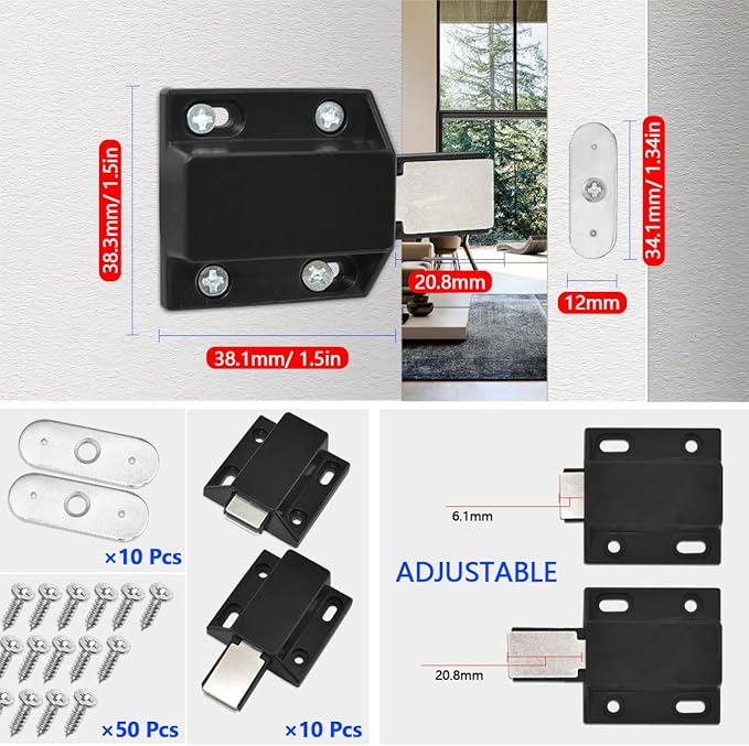 10 Pack Magnetic Push Latch Catch Push to Open Latch Pressure Touch Release Cabinet Catch for Doors Drawers Release Latch Kitchen Drawer Push Catch Pop Out Latch (Black)