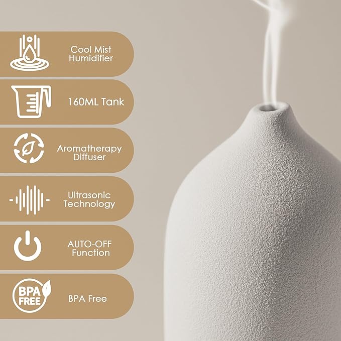 Diffuserlove Ceramic Essential Oil Diffuser 160ML for Room, Home, Bedroom - Aromatherapy Stone Diffuser White (Size: 6.8" H x 3.6" W)