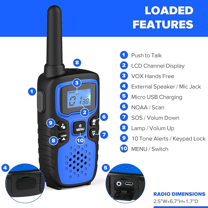 Wishouse Walkie Talkies for Kids Adults - Long Range Rechargeable 2 Way Radios,Gift,Hiking Accessories Camping Gear with Lamp,SOS Siren,NOAA Weather Alert,VOX,Easy to Use Blue Green 2 Pack
