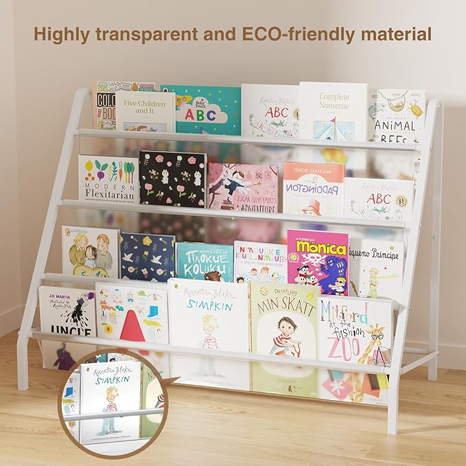 High-Transparent 4 Tier Kids Bookshelf, Sturdy Metal Large Size Book Rack Storage for Kids - Toddler Book Shelf Display for Nurasery, Kids Room, Deep Size Bookshelf Hold More Books