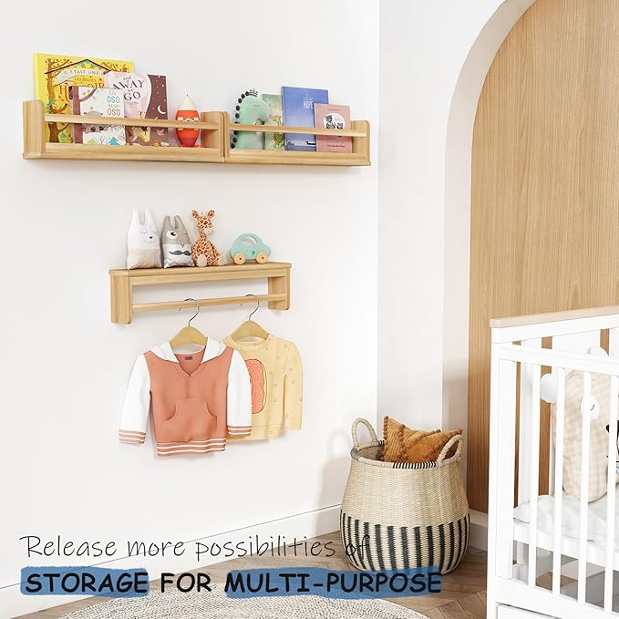 Natural Wood Wall Bookshelf for Kids Bedroom Set of 3, 24 Inch Wooden Floating Nursery Book Shelves for Baby Boys Girls Room, Mounted Toddler Book Shelf for Toy Organizers and Storage