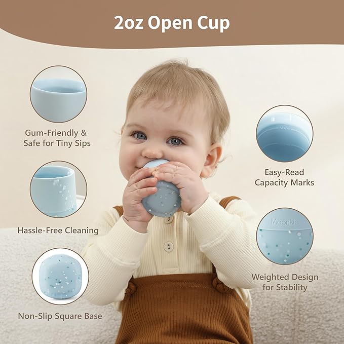 Moonkie Silicone Baby Cups 4 Months+ | Open Training Drinkware for Infants with Confetti Sprinkles | Baby-Led Weaning Essential | 2 oz (Blush/Soft Lilac, 2 Pack)