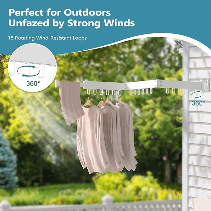 JAUREE Clothes Drying Rack Wall Mounted, Laundry Drying Rack Collapsible, Space Saving Wall Drying Rack Clothing Foldable, Tri-Fold Retractable Rack Outdoor Indoor with 18 Hooks, White