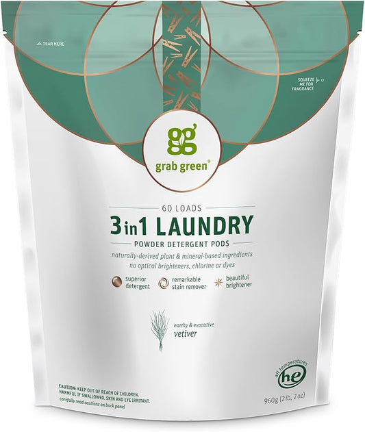 Grab Green 3-in-1 Laundry Detergent Pods, 60 Count, Vetiver Scent, Plant and Mineral Based, Superior Cleaning Power, Stain Remover, Brightens Clothes