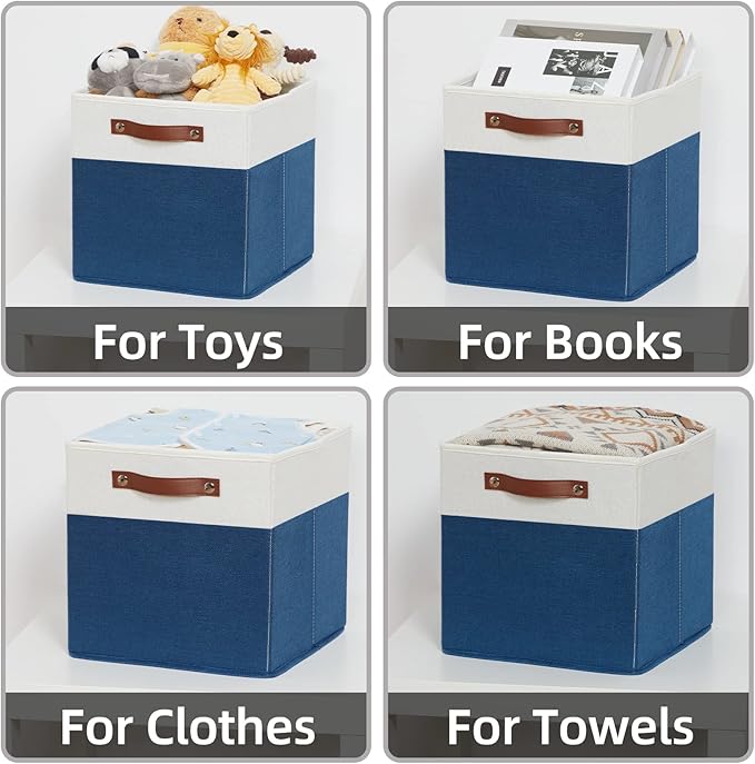 HNZIGE Cube Storage Baskets,Fabric Storage Cubes 12 x 12, Set of 4,Decorative Storage Baskets for Organizing with Handles,Blue Square Bins for Organizer Home Toy Nursery Closet(Blue White)