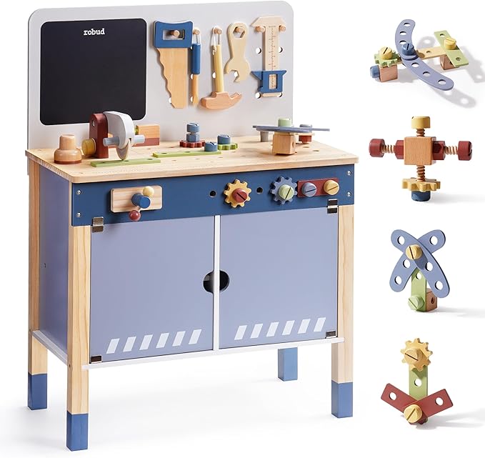 ROBUD Wooden Toy Workbench, Large Kid's Wooden Play Tool, Pretend Play Creative Building Set, Construction Workshop Tool Bench Toys, Gift for Girls & Boys, 3+