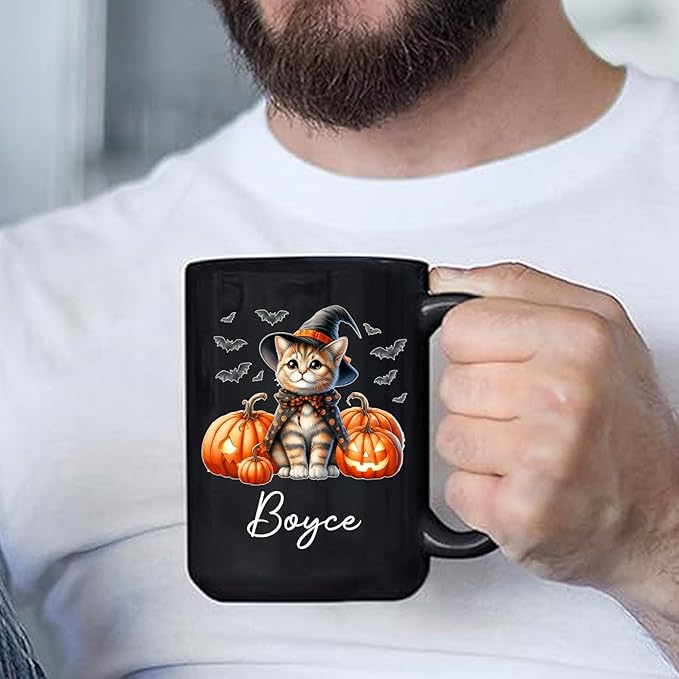 Personalized Ocicat with Pumpkins Halloween Ceramic Cups, Ocicat Wearing Witch Hat Coffee Mug 11oz 15oz, Customized Cat Black Mug with Pet's Name, Halloween Cup Gift for Cat Dad Mom Pet Lover