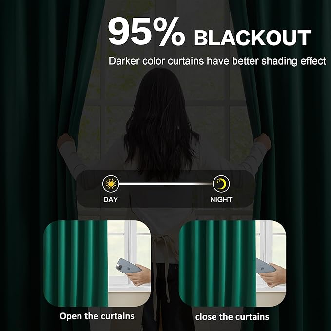 KEQIAOSUOCAI Dark Hunter Green Blackout Curtains 63 Inches Long, Christmas Home Decoration Pinch Pleated Room Darkening Drapes for Bedroom,Emerald Green,40x63,2 Panels