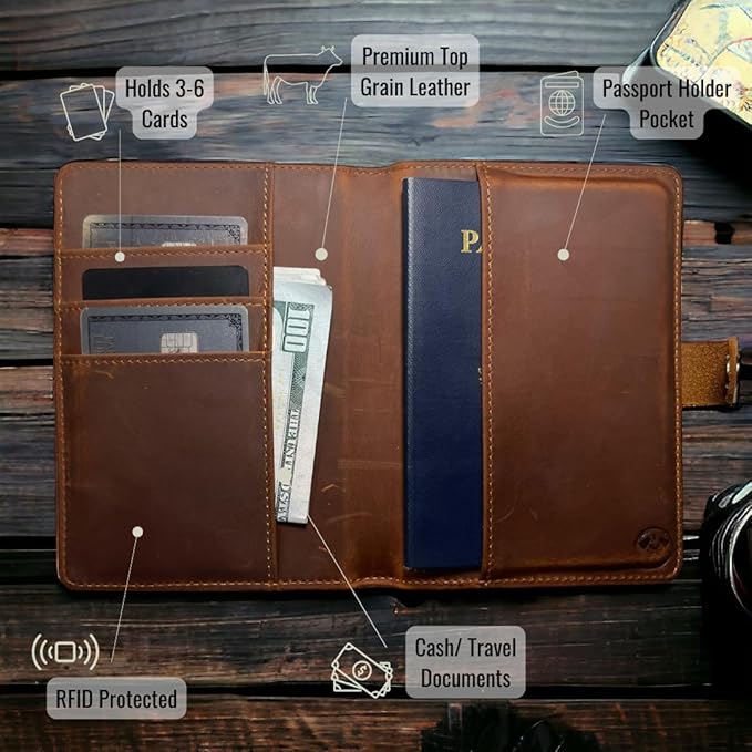 Genuine Leather AirTag and Moto Tag Passport Holder and Wallet for Men and Women RFID Blocking for Secure Traveling and Documentation Organizer(Coffee)