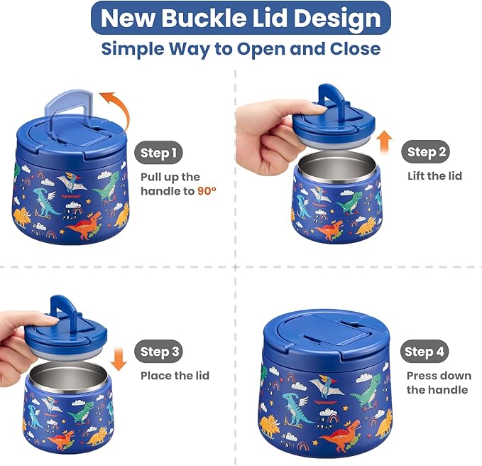 14oz Insulated Vacuum Food Jar with Buckle Lid,Soup Thermo for Hot Food Kids,Wide Mouth Leakproof Stainless Steel Lunch Container with Spoon-Dinosaur