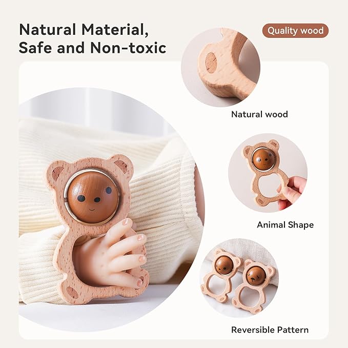 Wooden Baby Rattle Toys, Newborn Rattle Toys 0-12 Months Handmade Baby Clutching Toys | Natural Wooden Baby Teething Toys | Baby Shower/Birthday Gifts (Cute Bear Rattle)