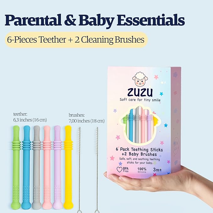 Babies Teether Teething Toys , Montessori Toy Teethers for 0-36 Months, Infant Sensory Relief Teething Stick Toys, Parent Baby Essentials, Baby Gift Teether – BPA‑Free, Food‑Grade Silicone 6 Pack