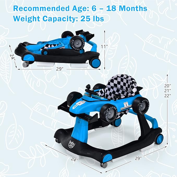 BABY JOY 4-in-1 Baby Walker, Foldable Activity Walker with Adjustable Height & Speed, Music, Lights, Anti-Rollover, Toddler Push Walker, Baby Walker with Wheels for Boys Girls 6-18 Months (Blue)