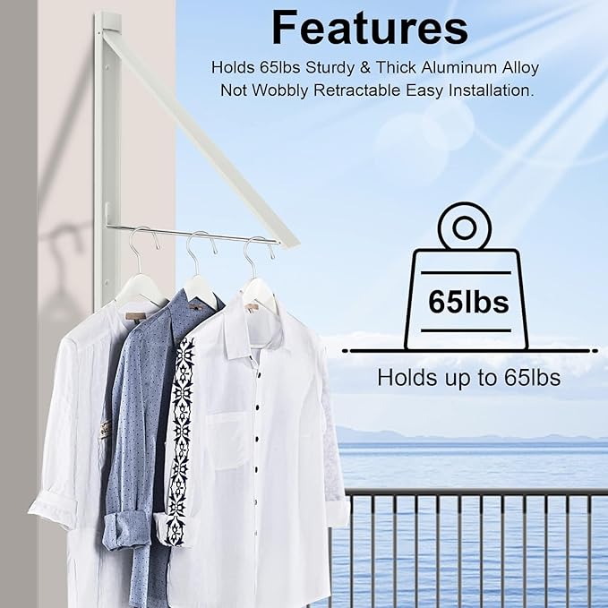 Wall Mounted Drying Rack - No Drill Installation, Space Saving Foldable Clothes Rack for Laundry Room, Dorm, Apartment,RV, Closet. Heavy Duty & Rustproof Aluminum Alloy (White)