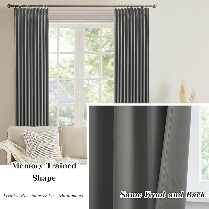 Blackout Bedroom Curtains 72 Inches Long 6 Ft Length, Summer Heat Thermal Insulated Pinch Pleated Vertical Drapes Cute Black Out Window Drapes for Bedroom/Living Room(Grey,40"x72"x2 Panels)