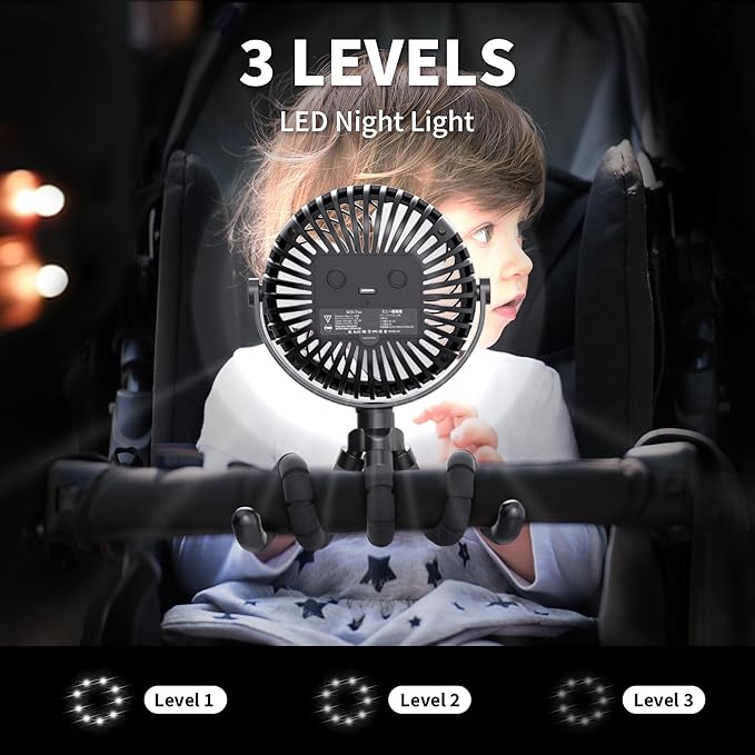 AMACOOL Battery Operated Stroller Fan Flexible Tripod Clip On Fan with 3 Speeds and Rotatable Handheld Personal Fans for Car Seat Crib Bike Treadmill (Black)