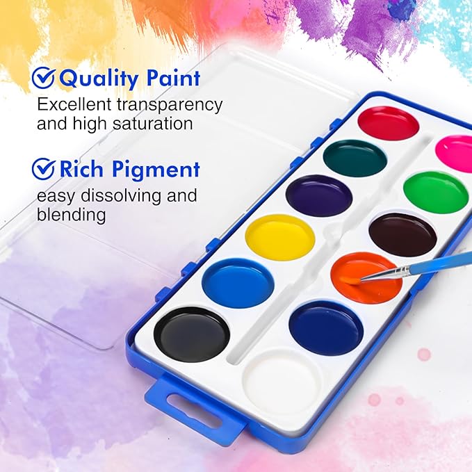 6 Pack Watercolor Paint Set for Kids, 12 Colors Watercolors Paints with Paint Brush, Kids Watercolor Paint Set for Party Favor, Classroom.