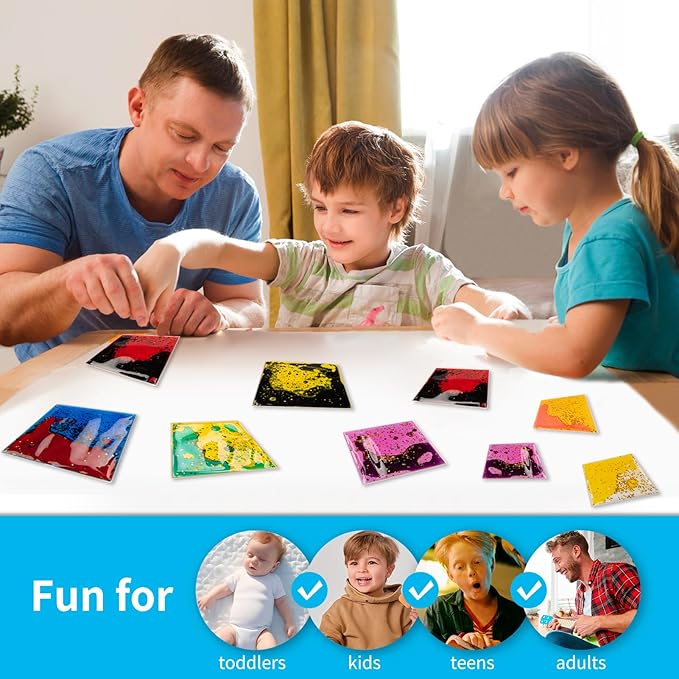 Art3d 6”x6” Square Sensory Fidget Liquid Motion Tiles for Kids, Toddler, Teens - Interactive Soft Gel Liquid Play Mats for Home, Schools, Playrooms, Multi-Pack of 12 Tiles