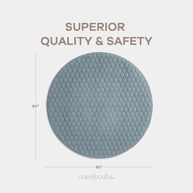 Comfy Cubs Round Kids Play Mat - Large 60 inches Soft Quilted Baby Floor Mat with Non-Slip Bottom - Plush Design for Toddlers' Playtime and Relaxation - Comfortable and Durable - Pacific Blue