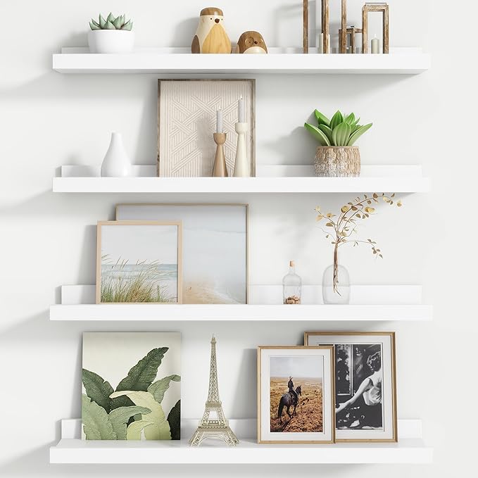 Floating Picture Ledge Shelves for Wall Set of 4, 24 Inch Wall Shelves with Lip Long Large Nursery Book Shelf for Toys Storage Kids Bookshelf Wall Mounted Living Room Bedroom Decor Frames