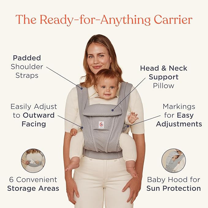 Ergobaby Omni Deluxe Baby Carrier Newborn to Toddler - Breathable Baby Carriers for Summer - All-Position Carrier with Enhanced Lumbar Support & Airflow (7-45 Pounds), Mesh, Pearl Grey