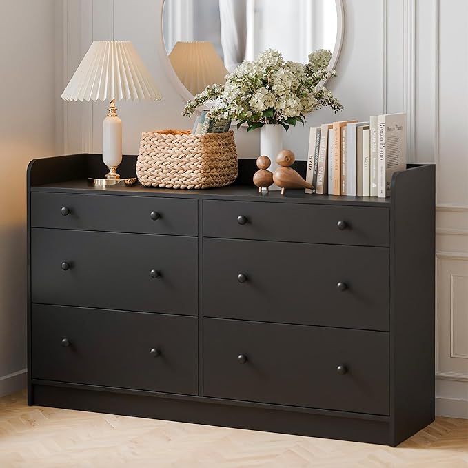 Cozy Castle Baby Dresser with 6 Drawers and Large Table Top, Multi-Functional Chest of Drawer, Drawer Dresser with Three-Sided High Rails for Nursery, Children's Room, Bedroom, Black