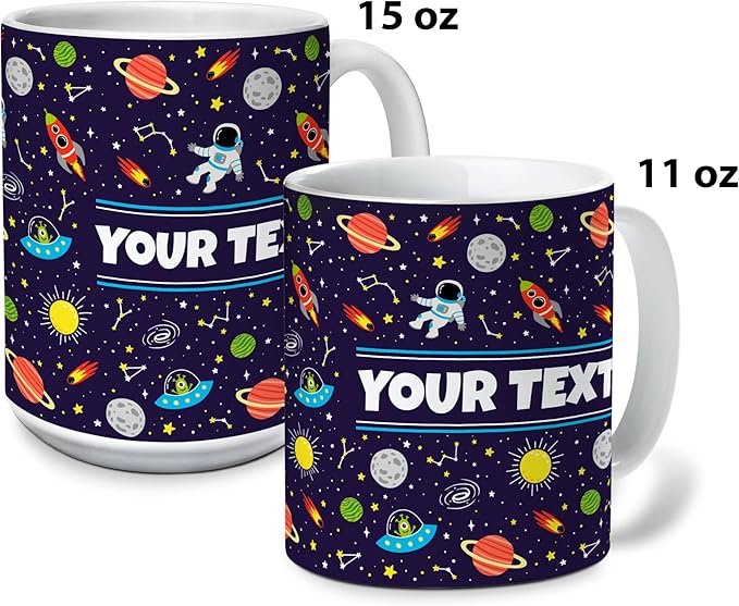Personalized Mug for Kids - Outer Space - Custom Name/Text, Ceramic Hot Chocolate/Cocoa/Coffee Cup for Boys/Girls, Birthday/Christmas/Holiday Gift - 15 oz, Navy Blue Handle