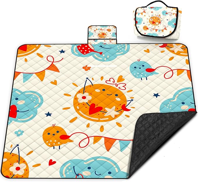 Poedist Extra Large Picnic Blanket Waterproof,80"x 80"Foldable Machine Washable Beach Blanket,Outdoor Blanket for 6-8 Adults,Suitable for Indoor Crawling,Park Beach,Camping,Hiking,Family Travel(Sun)
