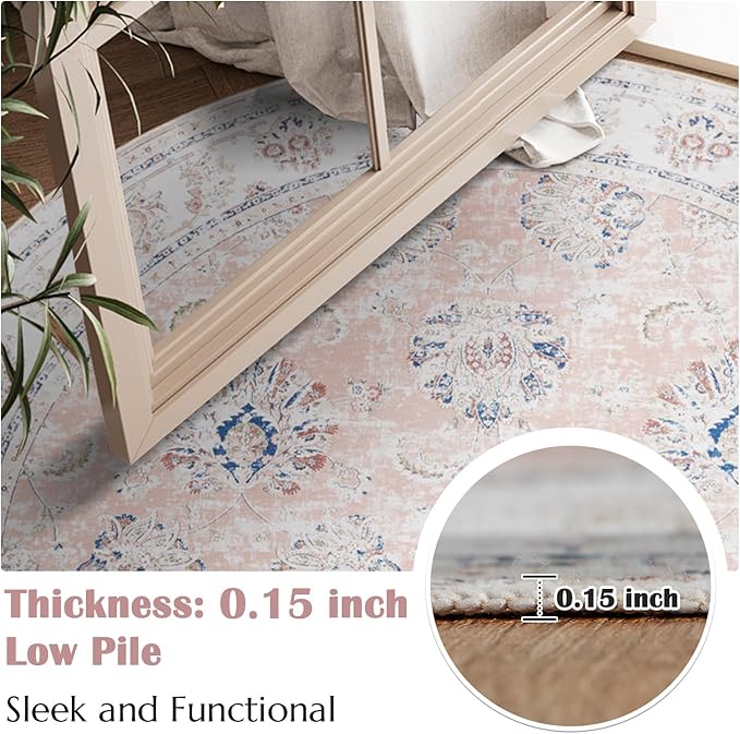 jinchan Round Rug 4ft Area Rugs Vintage Floral Distressed Design - Machine Washable Non-Slip Low-Pile Ultra-Thin Circle Rug for Entryway Bedside Living Room Dining Room Bedroom (4' Round,Pink)