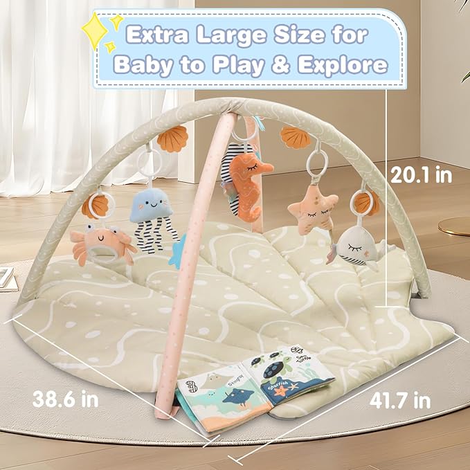 Baby Play Mat, Oversize Shell Tummy Time Mat with 6 Detachable Baby Activity Toys, Baby Gyms & Playmats for Babies 0-6 Months, Baby Mat for Floor Newborn Baby Shower Gifts (Beige)