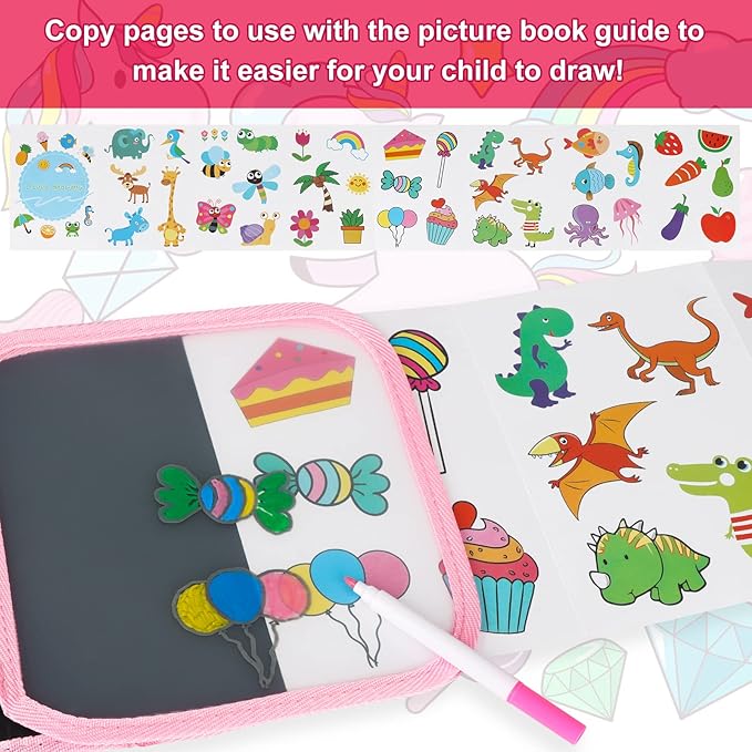Erasable Book Doodle Set for Kids,Reusable Magic Drawing Book for Kids with 12 Watercolor Pens 14 Page Drawing,Road Trip Car Game Writing Painting Set for Boys and Girls (Pink Unicorn)