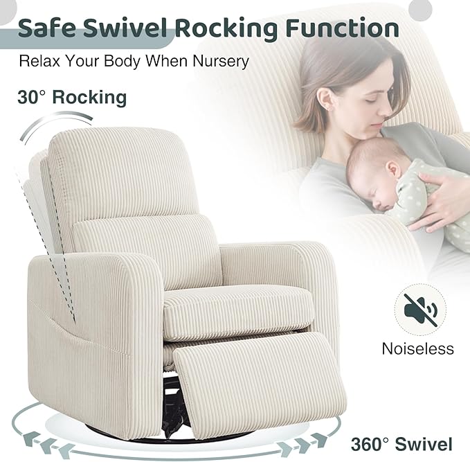 Swivel Rocker Recliner, Oversized Manual Nursery Glider Rocking Recliner Chair with Removable Cushion, Upholstered Swivel Reclining Chair for Nursery Living Room Bedroom, Corduroy White