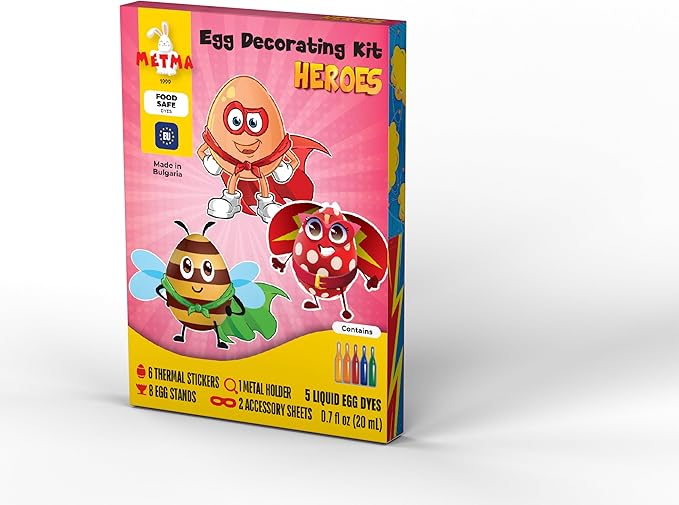 METMA 1999 Egg Decorating Kit Heroes - Complete Decorative Eggs Set with Liquid Dyes, Stickers, Egg Spinner, and More - Fun Easter Egg Dye Kit Arts and Crafts for Kids
