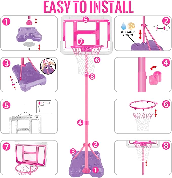 Kids Basketball Hoop with Stand, Adjustable Basketball Set, Toddler Basketball Toys for Boys Age 3 4 5 6 7 8, Indoor Outdoor Backyard Sport Game Gifts Pink