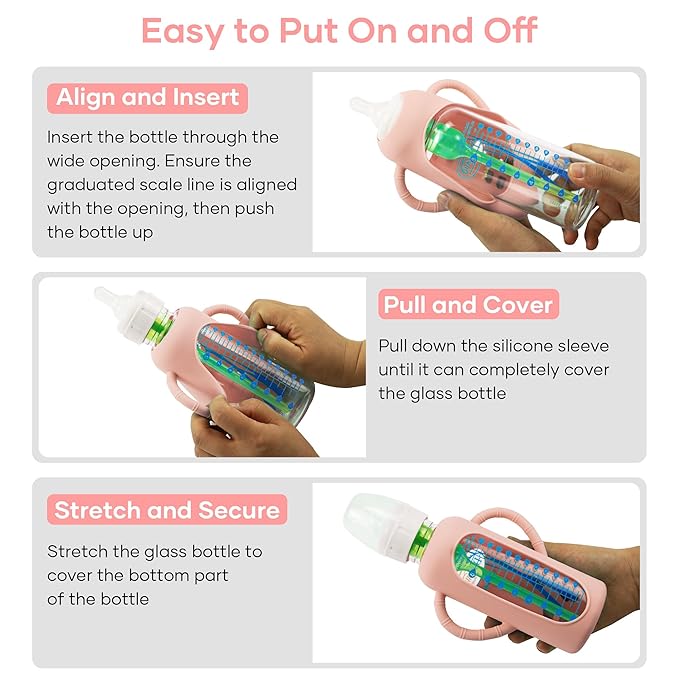 2 Pack Silicone Sleeves for Dr. Brown's Glass Baby Bottles, Anti Breakage Durable Baby Bottle Holder with Easy Grip Handles, Narrow Sleeve with a Cutout, Dishwasher/Freezer/Microwave Safe, 8 oz