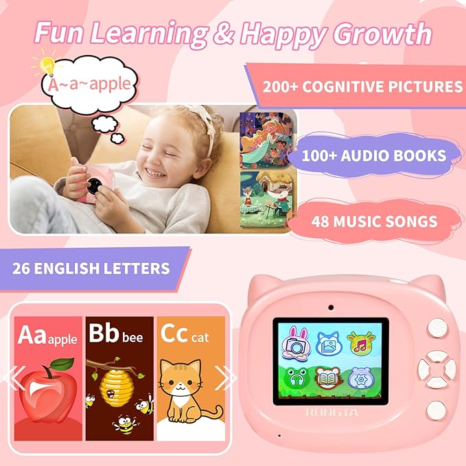 Instant Print Camera Toy for Kids, Girls Birthday Gifts for 3 4 5 6 7 8 Year Old Learning Music Story Player, 1080P HD Dual-Lens Creative Instant Camera (Pink)