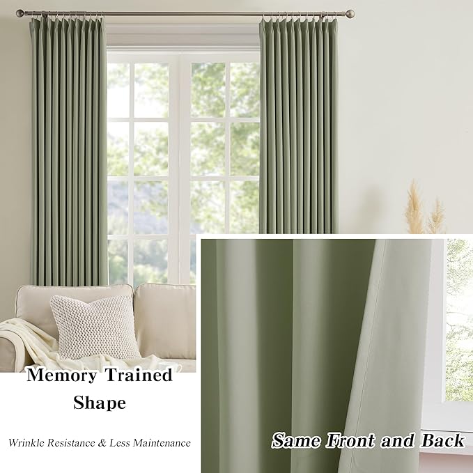 KEQIAOSUOCAI Pinch Pleated Sage Green Blackout Curtains 102 Inches Long, Window Treatment Black Out Curtain for Living Room Darkening Nursery Drapes with Hooks 40x102-2 Panels Set