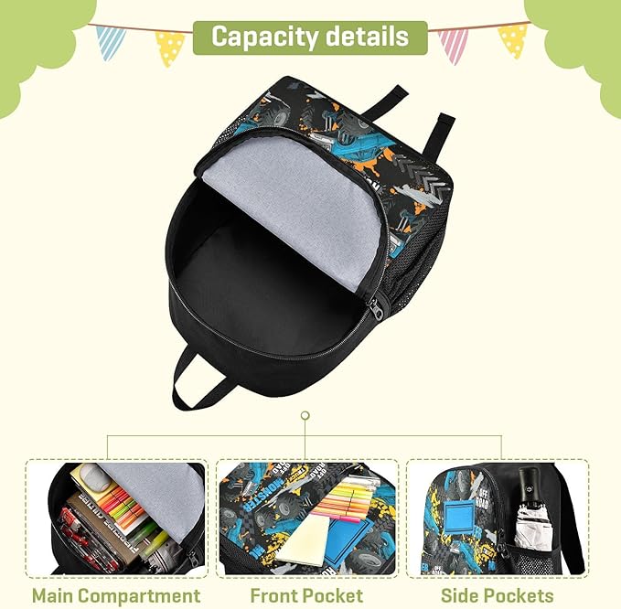 Monster Truck Toddler Backpack Waterproof Mini Backpack with Name/Text Preschool Backpack Cute Small Kindergarten Pre School Bags 13 Inch, Medium, Pattern 4