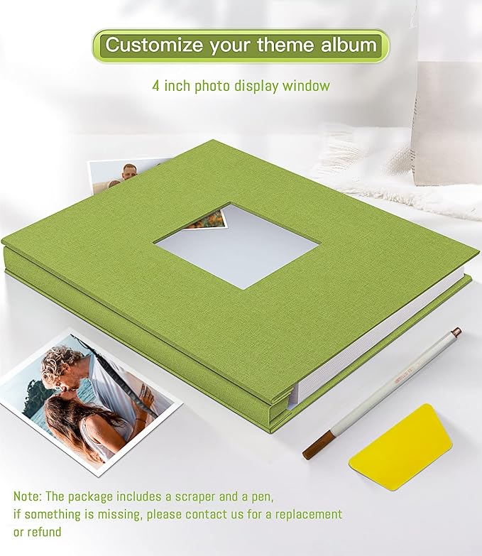 Popotop Photo Album Self Adhesive with Picture Display Window,60 Pages DIY Scrapbook Album for 4x6 8x10 Picture,Linen Cover Memory Book for Baby Wedding, with Scraper and Metallic Pen