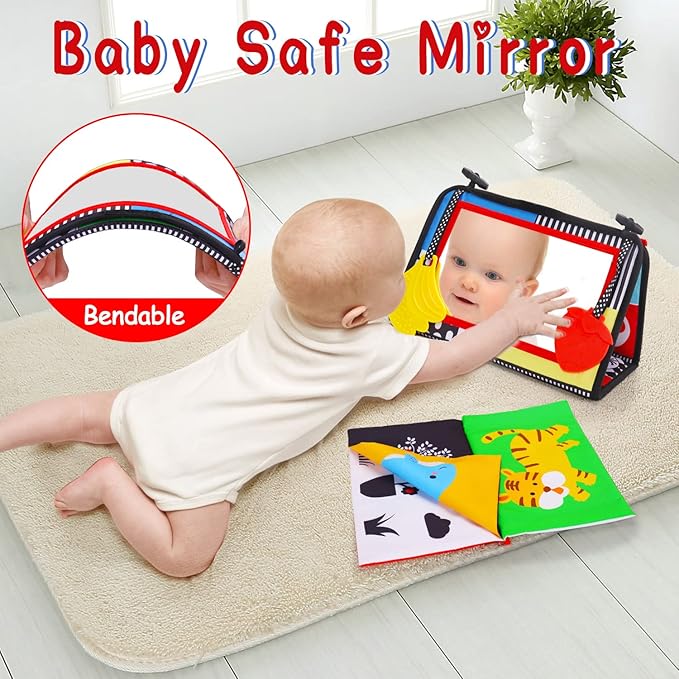 Tummy Time Baby Mirror Infant Toys Newborn 0 3 Months Brain Development with Crinkle Cloth Book Teether Black and White High Contrast Baby Toys 2 4 5 0-6 Month Boys Girls Sensory Activity Shower Gifts