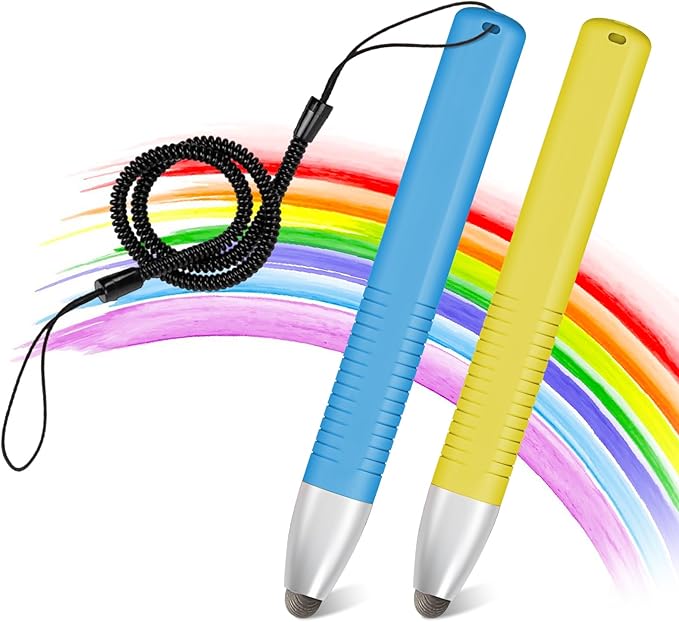 2pcs Kid-Friendly Stylus Pens for Touch Screens, Tablet Stylus Pen with Spring Cord Universal Touch Screen Capacitive Crayon Stylus Blue Yellow