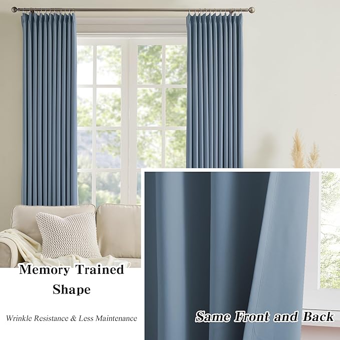 KEQIAOSUOCAI 2 PCs Dusty Blue Pleat Wide Drapes for Sliding Glass Door 60 Wide x 105 Inch Long, Privacy Light Block Noise Reduce Insulated Ceiling to Floor for Locker Room Basement Bedroom Closet
