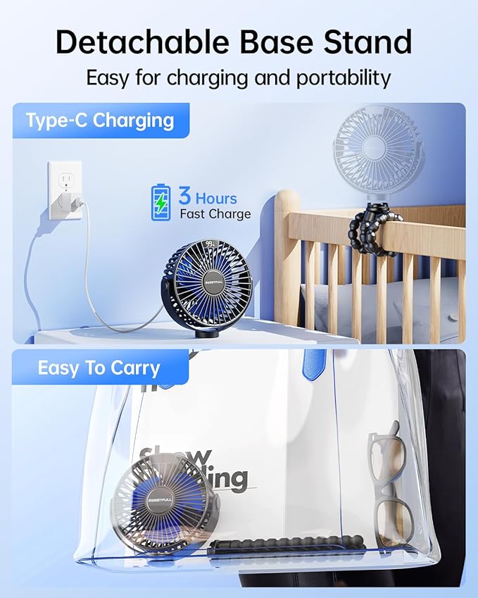SWEETFULL Portable Stroller Fan with Display 4000mAh Battery Powered Mini Clip On Fan, 4-Speed Rechargeable Small Personal Cooling for Baby Car Seat Crib Travel - Black