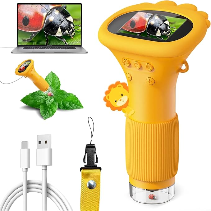 Microscope for Kids, Ahalfcit Microscope with 2'' Inch Screen -1000X Zoom Portable Camera, Birthday for 3 4 5 6 7 8 9 0 11 12 Years Old Kids,Science Educational Toys - Yellow