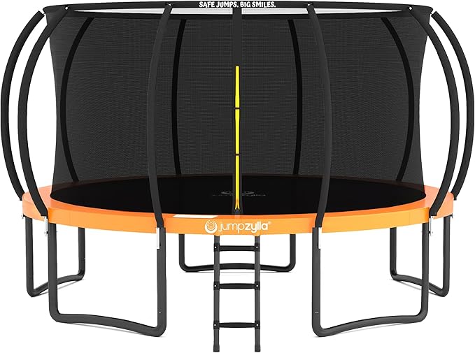JUMPZYLLA Trampoline Outdoor 8FT 10FT 12FT 14FT 15FT 16FT with Enclosure and Ladder, ASTM Approved Recreational Trampoline for Kids and Adults, Anti-Rust Coated Frame
