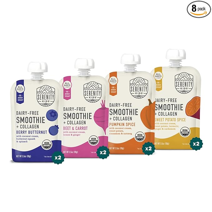 Serenity Kids 6+ Months Dairy-Free Smoothie Baby Food - USDA Organic Grass-Fed Collagen Protein - 3.5 Oz BPA-Free Pouches - Variety Pack (8 Count) - Baby Smoothie Pouch Set