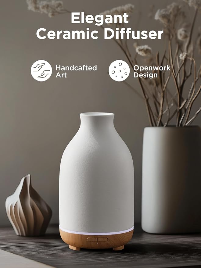 InnoGear Essential Oil Diffuser, 150ml Ceramic Stone Diffuser Handcrafted Aromatherapy Diffusers Ultrasonic Cool Mist Humidifier Vaporizor with 2 Mist Modes Waterless Auto Off for Room Office, White