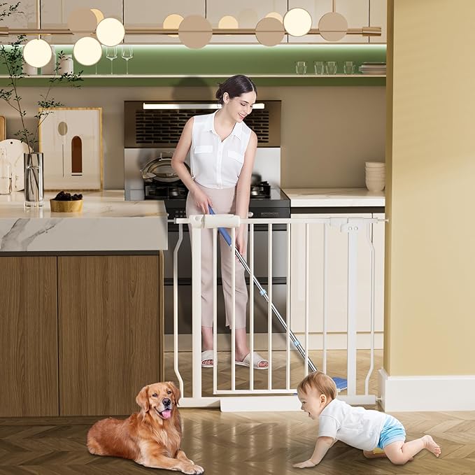 Extra Wide Baby Gate Extra Tall Dog Gate for Stairs Doorways White Metal Tension Child Pet Safety Gates with Pressure Mount 67-71.5 Inch (White)