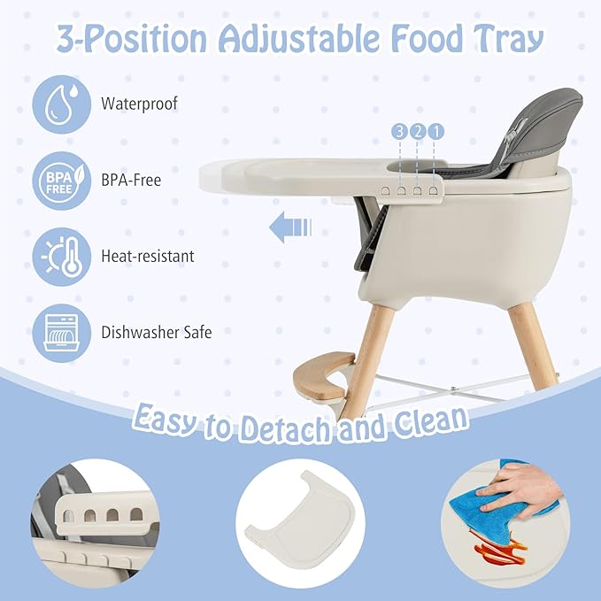 BABY JOY Baby High Chair, 3-in-1 Convertible Wooden Highchair for Babies & Toddlers, Infant Feeding Chair w/ 5-Point Safety Harness, Footrest, Adjustable Legs, Removable Tray & PU Cushion (Dark Gray)