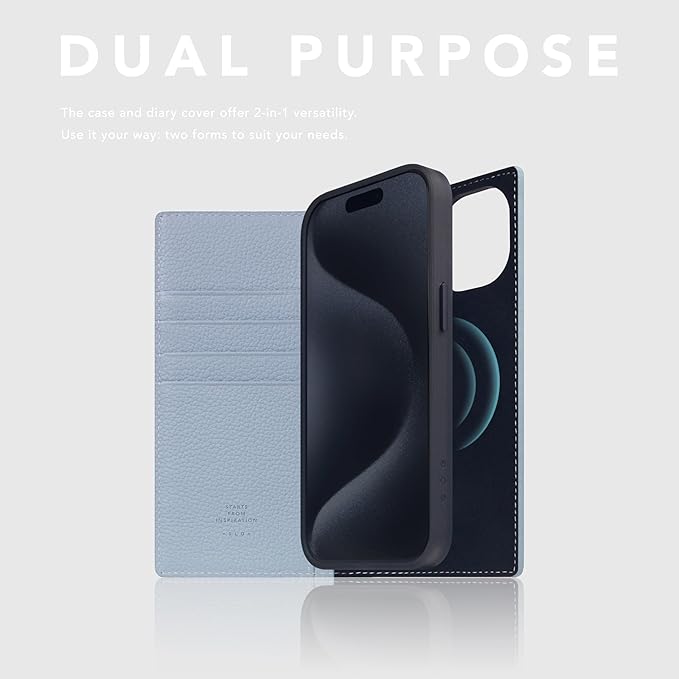 D8 Full Grain Leather Wallet Case for iPhone 15 - [2-in-1] Handcrafted Detachable Diary Style with Magnetic MagSafe Back Cover, Gift Box Included (Powder Blue)